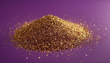 Pile of golden glitter on purple background, shallow depth of fieldの素材