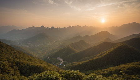 Mountain landscape at sunset, Nanjing, Jiangxi, Chinaの素材
