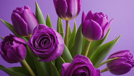Bouquet of purple tulips on a purple background closeupの素材