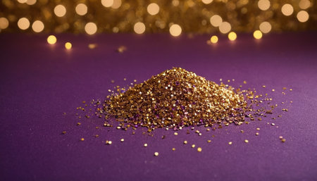 Gold glitter on a purple background. Bokeh lights in the background.の素材