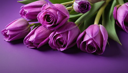 Bouquet of purple tulips on a purple background with copy spaceの素材