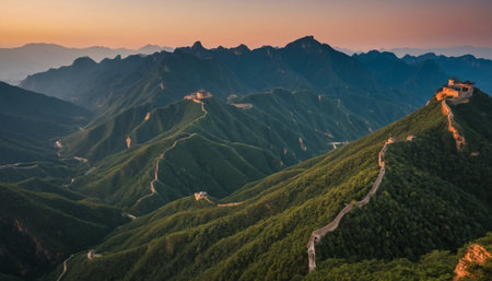 Majestic Great Wall of China at sunset,panoramic viewの素材