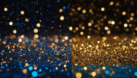 glitter vintage lights background. gold, blue and black. de focusedの素材