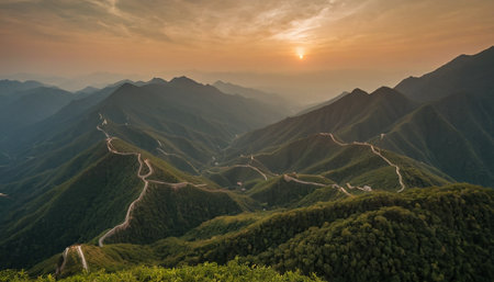 Mountain landscape at sunset, view from the great wall of Chinaの素材