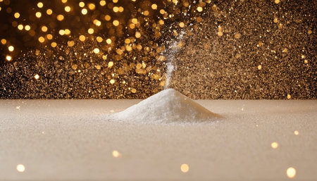 sugar powder on white table with golden bokeh background.の素材