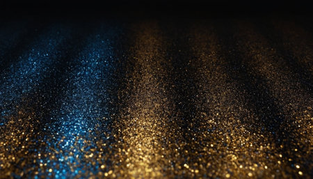glitter vintage lights background. gold, blue and black. de focusedの素材
