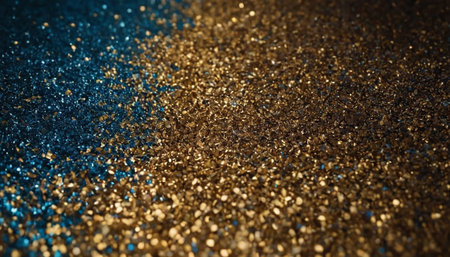 Gold and blue glitter background. Golden glitter texture. Bokeh.の素材