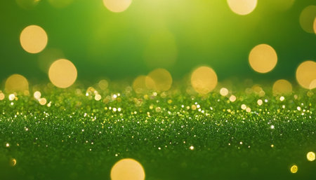 Green glitter background with bokeh defocused lights. Abstract background.の素材