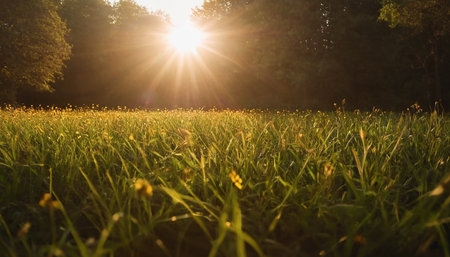 Sunset in the meadow with dandelions and green grassの素材
