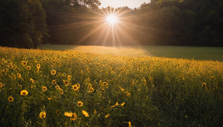 Sunflower field in the morning. Sunlight through the sun.の素材