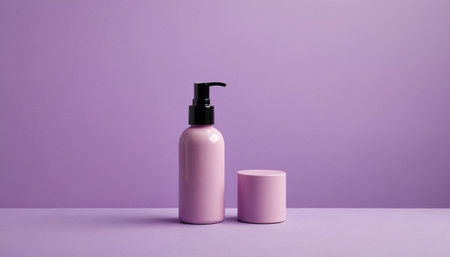 Cosmetic bottle with dispenser and pink podium on purple background.の素材