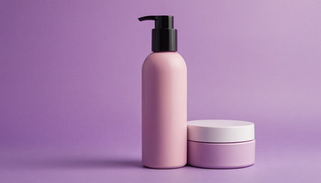 Pink cosmetic bottle with pump on purple background. Beauty product mockupの素材