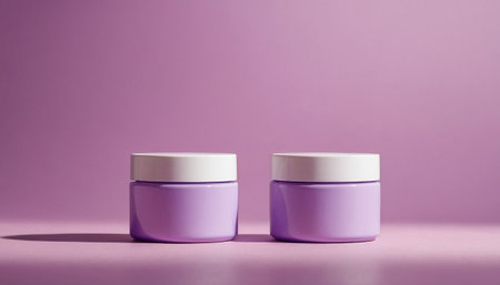 Purple cosmetic jar on a pink background. 3d rendering.の素材