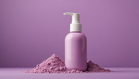 Bottle of cosmetic product with pink powder on purple background, mockupの素材