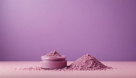 Powder in a pink jar on a pink background. Cosmetic product.の素材