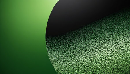 3D rendering of a green football field with a black circle in the middleの素材