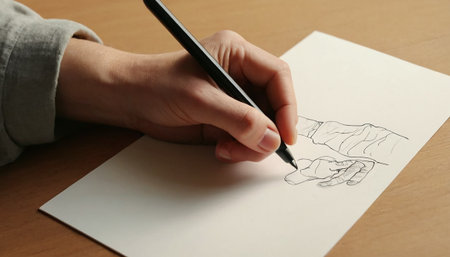 Woman drawing with pencil on sheet of paper on wooden table, closeupの素材