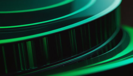 Close up shot of a gear wheel with green light in the backgroundの素材