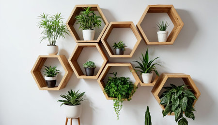 Hexagon shelves with different house plants on a white wall.の素材