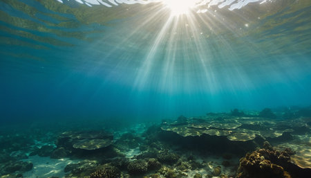 Underwater view of the coral reef and marine fish with sun raysの素材