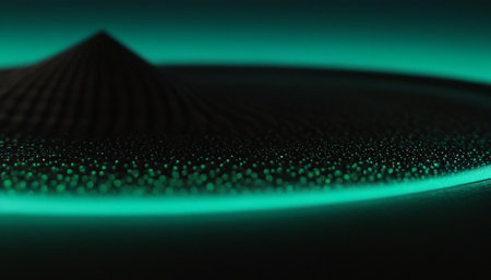 Abstract 3d rendering of wavy surface with glowing particles. Futuristic background with bokeh effect.の素材