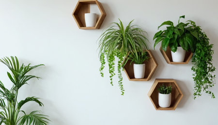 Green houseplants in wooden pots on white wall background. Flat lay.の素材