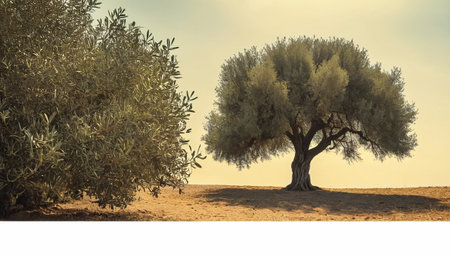 Olive tree in the field on a sunny day. 3d illustrationの素材