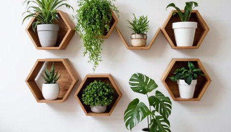 Top view of wooden shelves with houseplants on white wall backgroundの素材