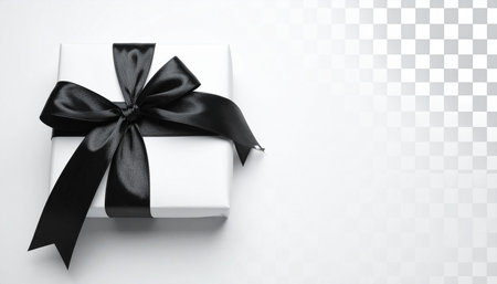 White gift box with black ribbon bow isolated on transparent background. Top view.の素材