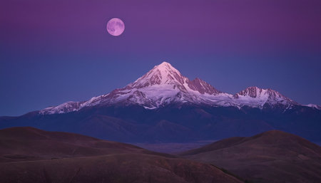 Mountain range at night with full moon in Tibet, China.の素材