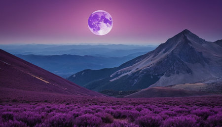 colorful fantasy landscape with blooming purple flowers in mountains at nightの素材