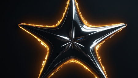 Black star with glowing lights on a black background. 3d renderingの素材