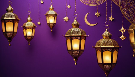 Hanging lanterns and crescent moon. Ramadan Kareem backgroundの素材