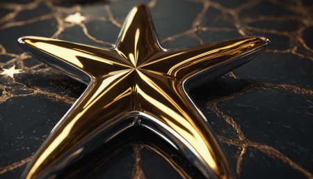 Golden star on a black marble background. 3d render illustration.の素材
