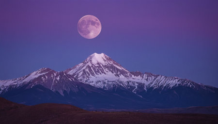 Full moon over the snow-capped mountains at night, Chileの素材