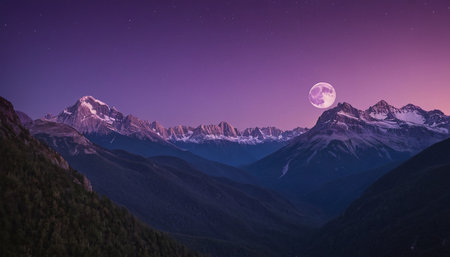 mountains in the moonlight at night. beautiful panoramic landscapeの素材