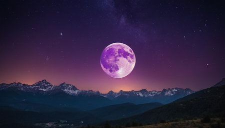 Night landscape with full moon and snowy mountains. Elements of this image furnished by NASAの素材