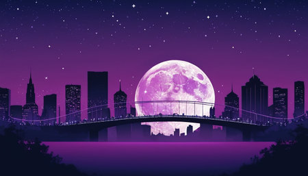 cityscape at night with full moon and bridge, vector art illustrationの素材