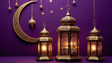 Ramadan Kareem greeting card. Arabic lanterns on purple backgroundの素材