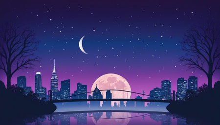 Vector illustration of a beautiful night city landscape with a river and a bridgeの素材