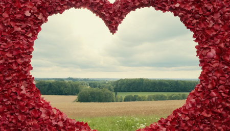 Heart made of red petals on a background of field and forestの素材