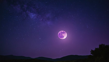 Full moon and stars in the night sky. Long exposure photograph.の素材