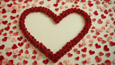 Valentines day background with red heart and rose petals.の素材