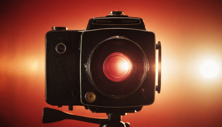 Vintage camera on a red background with copy space for text.の素材