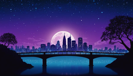 Cityscape and bridge at night with full moon, vector illustration.の素材