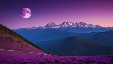 Magic pink sunset in the mountains. Landscape with purple flowers and full moon.の素材