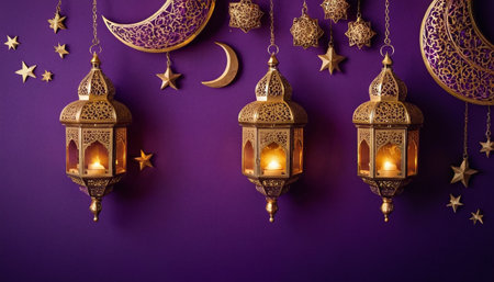 Ramadan Kareem greeting card. Ramadan lanterns hanging over purple background.の素材