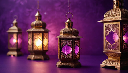 Arabic lanterns on purple background. Ramadan Kareem concept.の素材