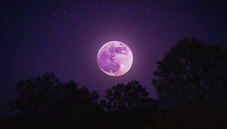 Full moon in the night sky with stars. Full moon over the forest.の素材