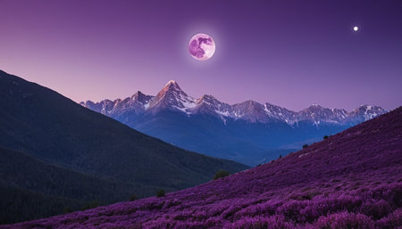 mountain landscape with blooming purple flowers in front of the full moonの素材